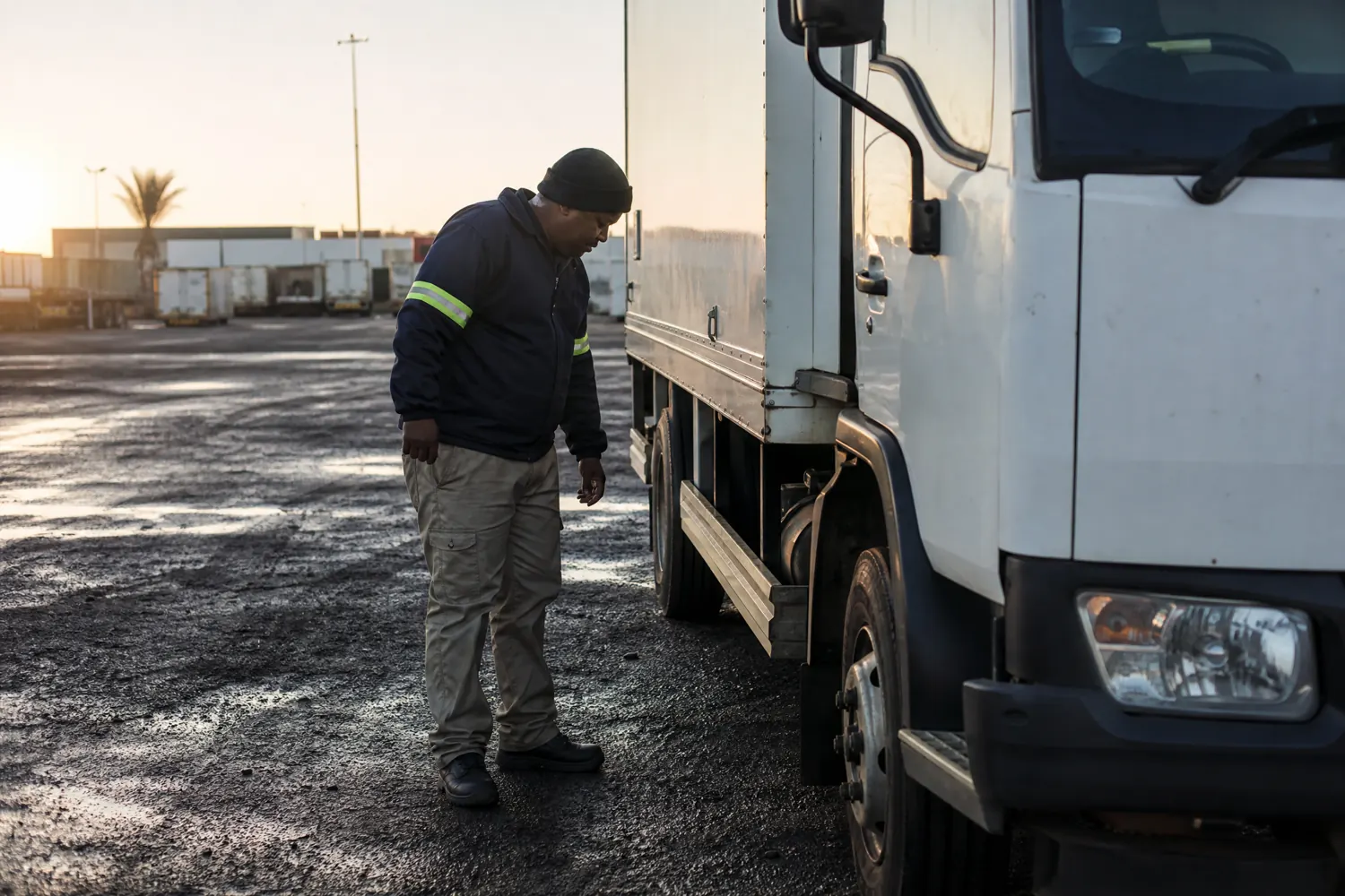 A driver inspects his rigid truck in a depot yard at sunrise before setting off.