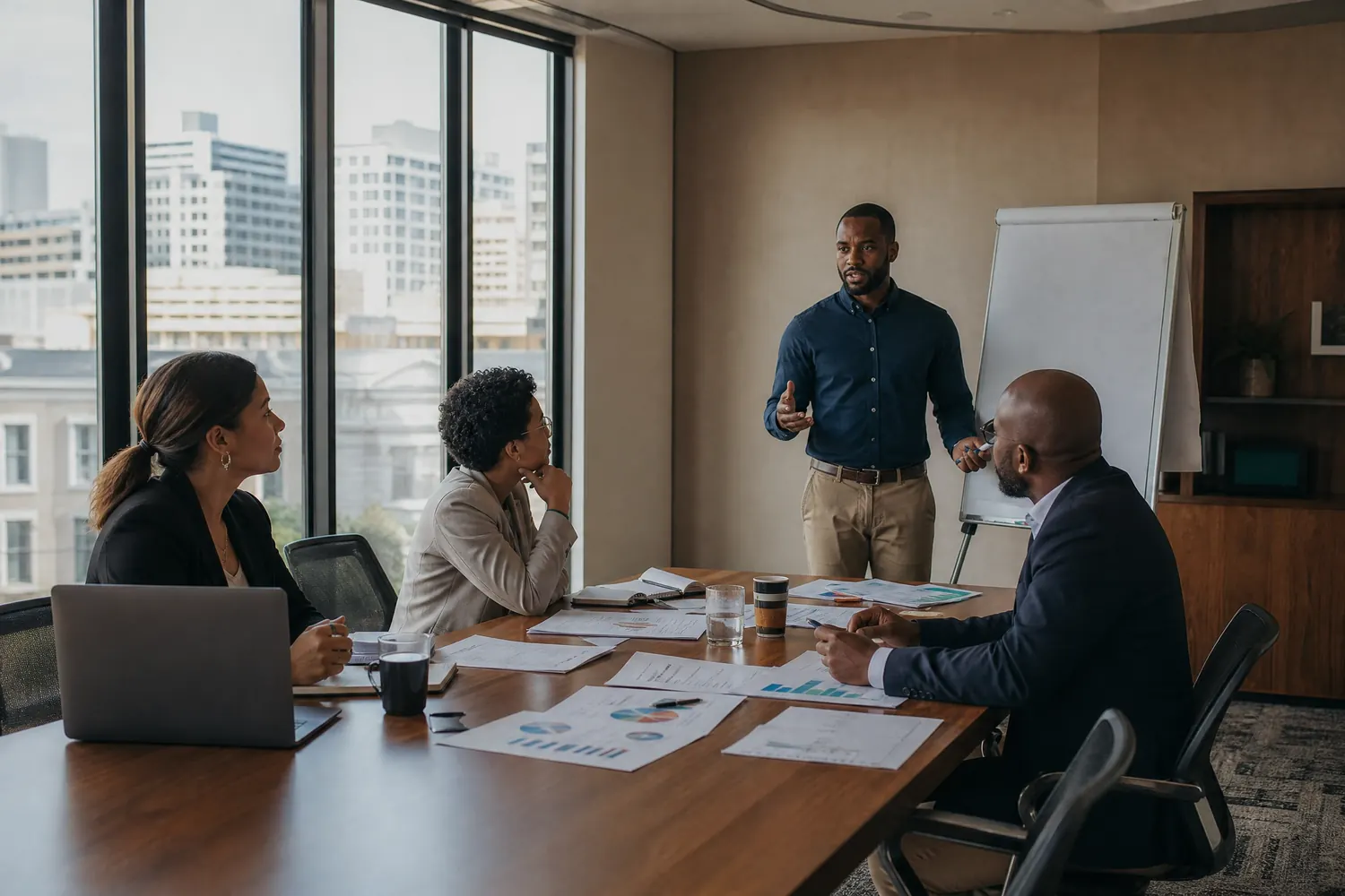 Four consultants around a boardroom table mid-discussion, one standing at a flipchart, printed reports and a laptop on the table.