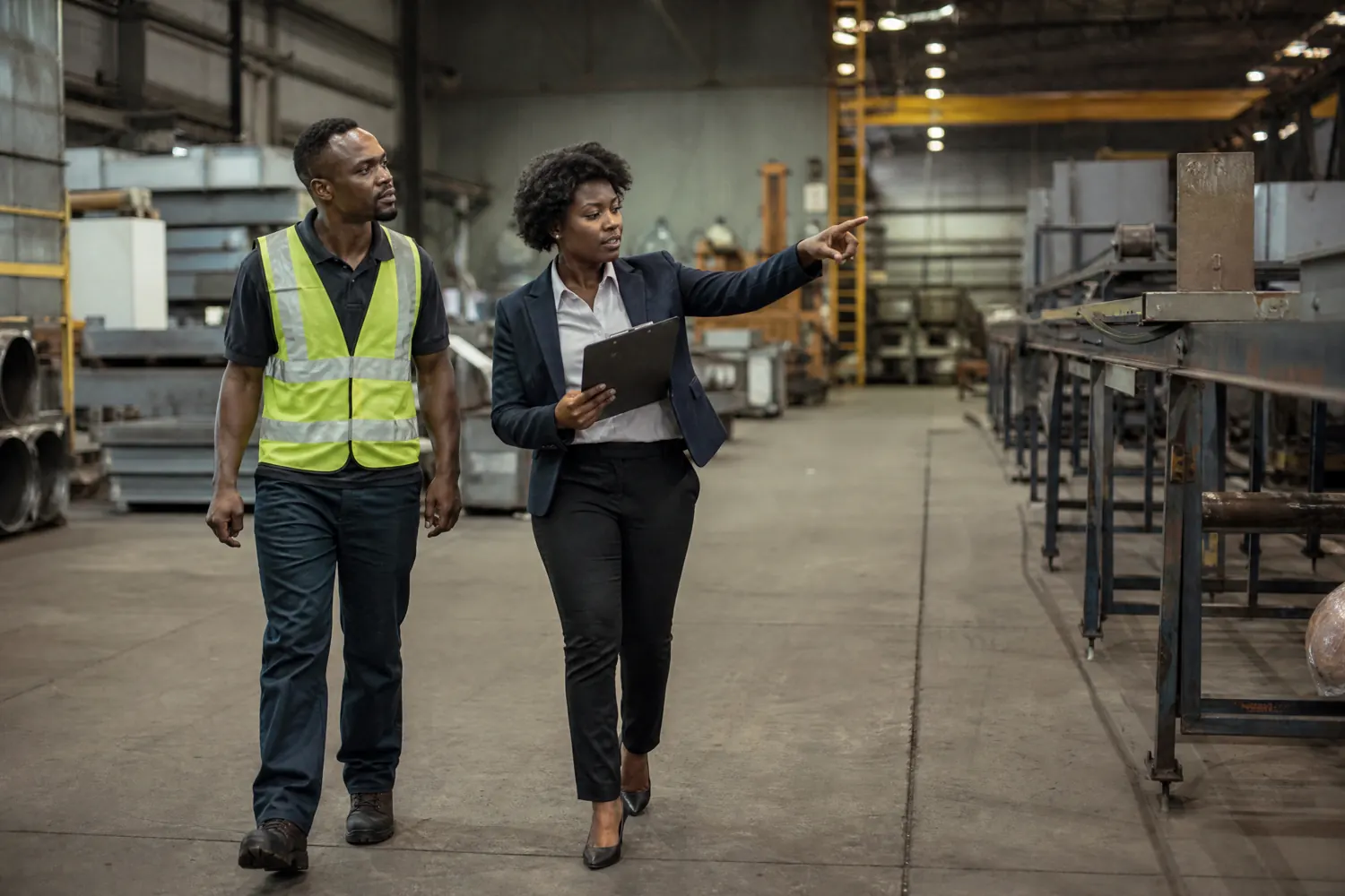 Two people walking a warehouse floor, one pointing out a process step on a clipboard mid-conversation.