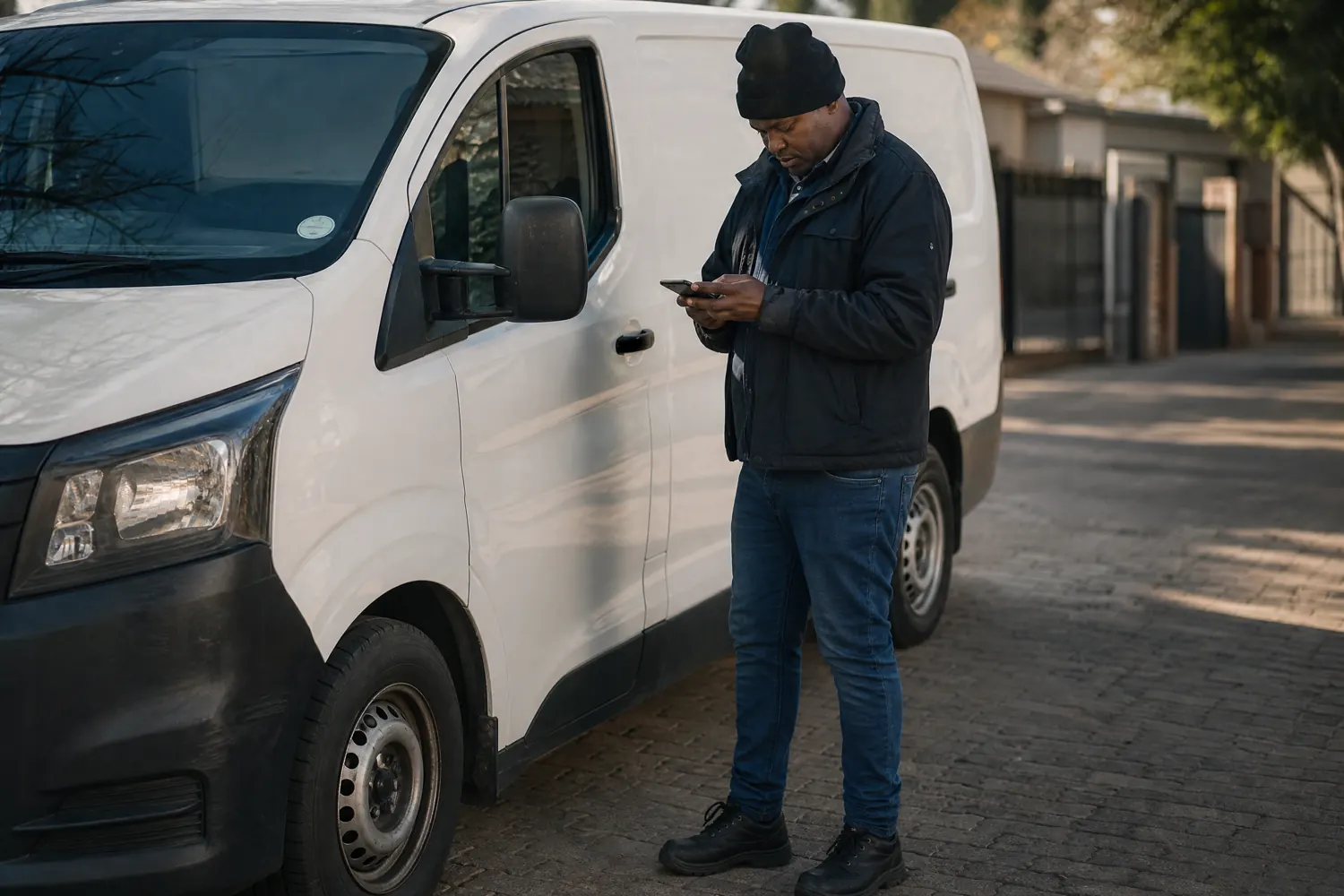 A courier checks his phone beside his delivery van on a residential street.
