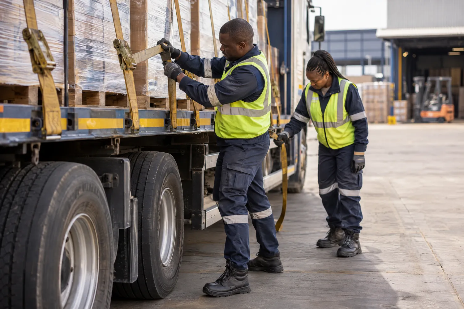 Two workers in high-visibility vests tighten ratchet straps to secure pallets on a flatbed truck at a loading dock.
