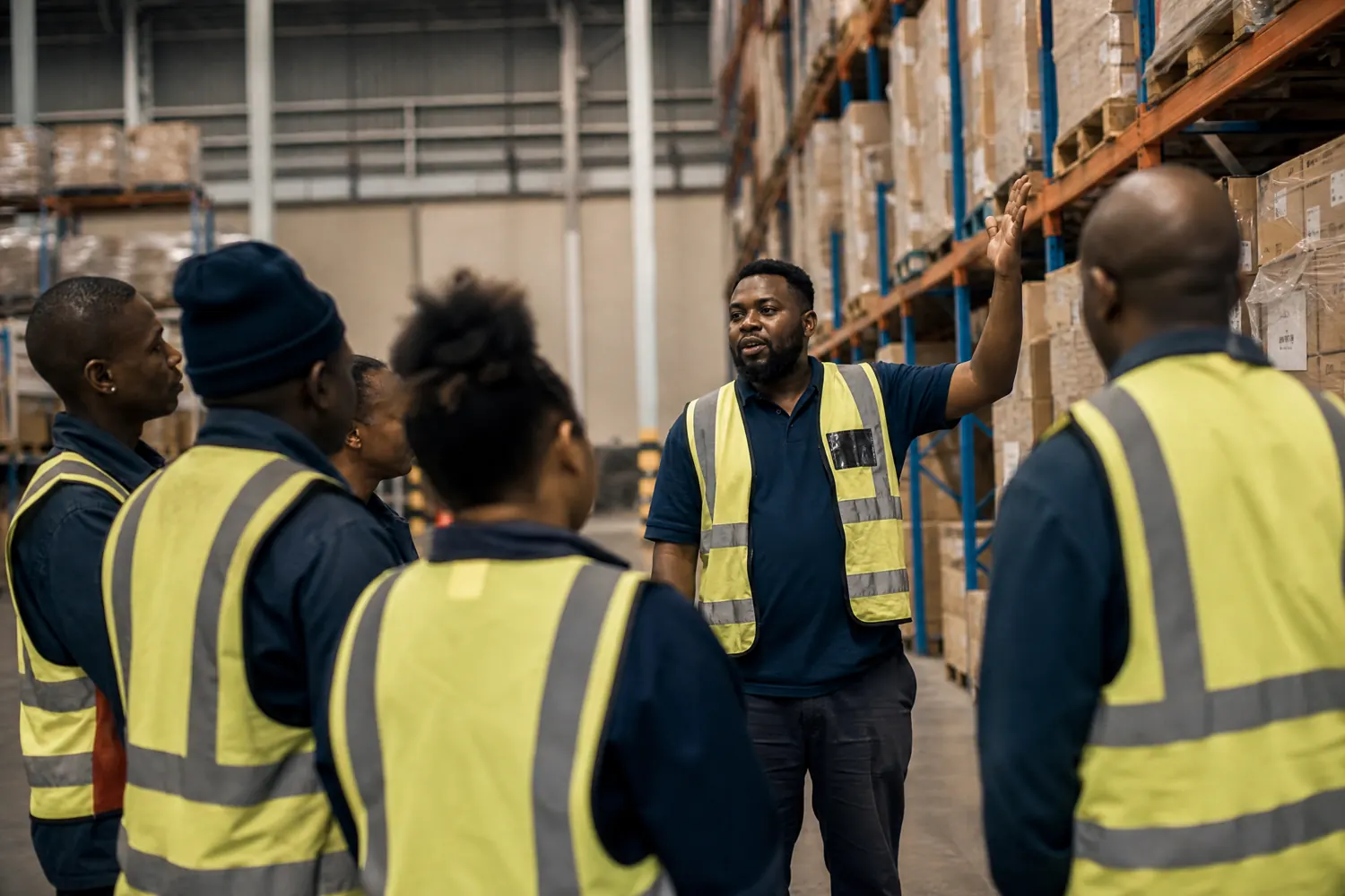 A warehouse team gathers for a training huddle near the racking, one instructor addressing the group.