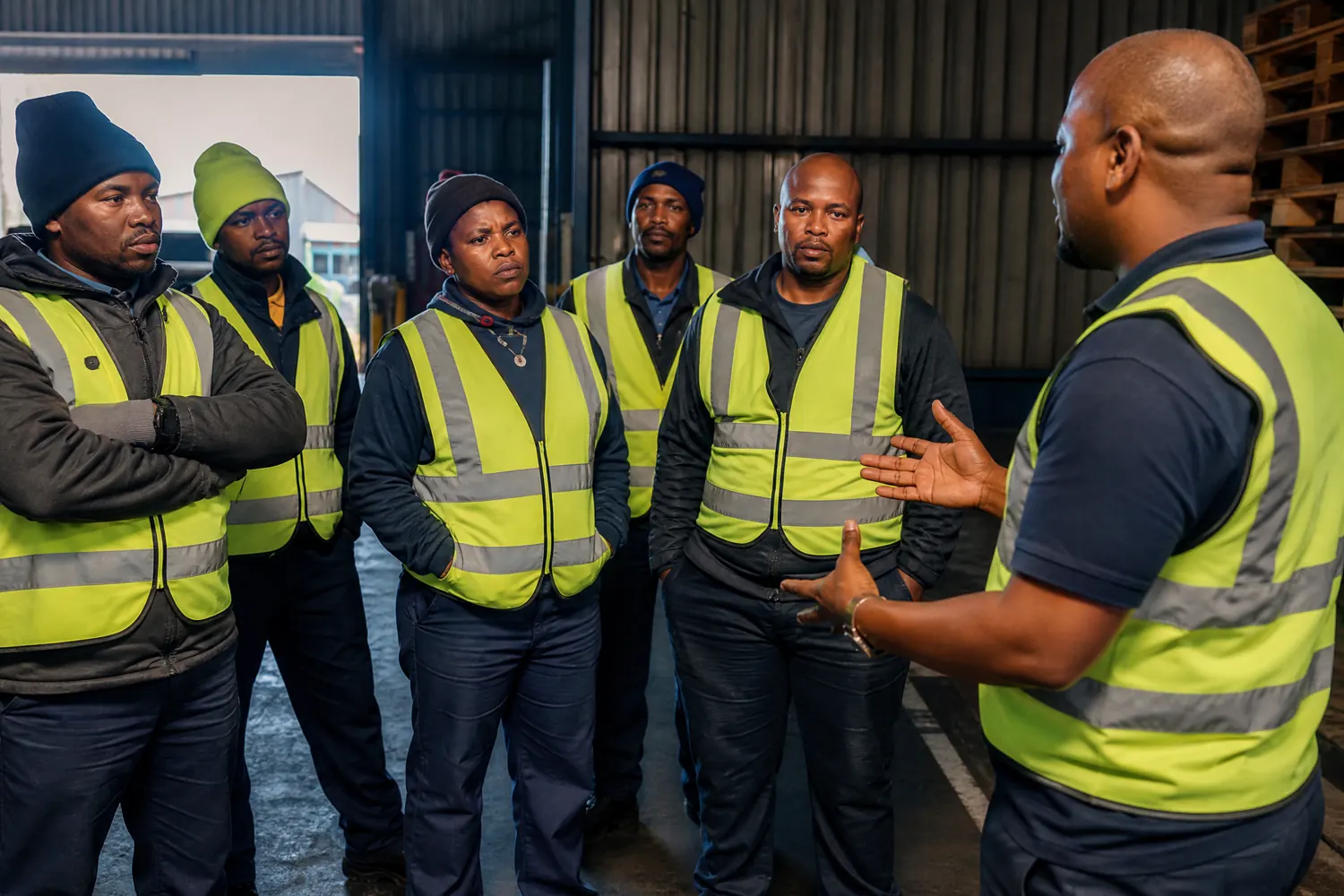 Workers in high-visibility vests reviewing a safety checklist at a logistics facility.