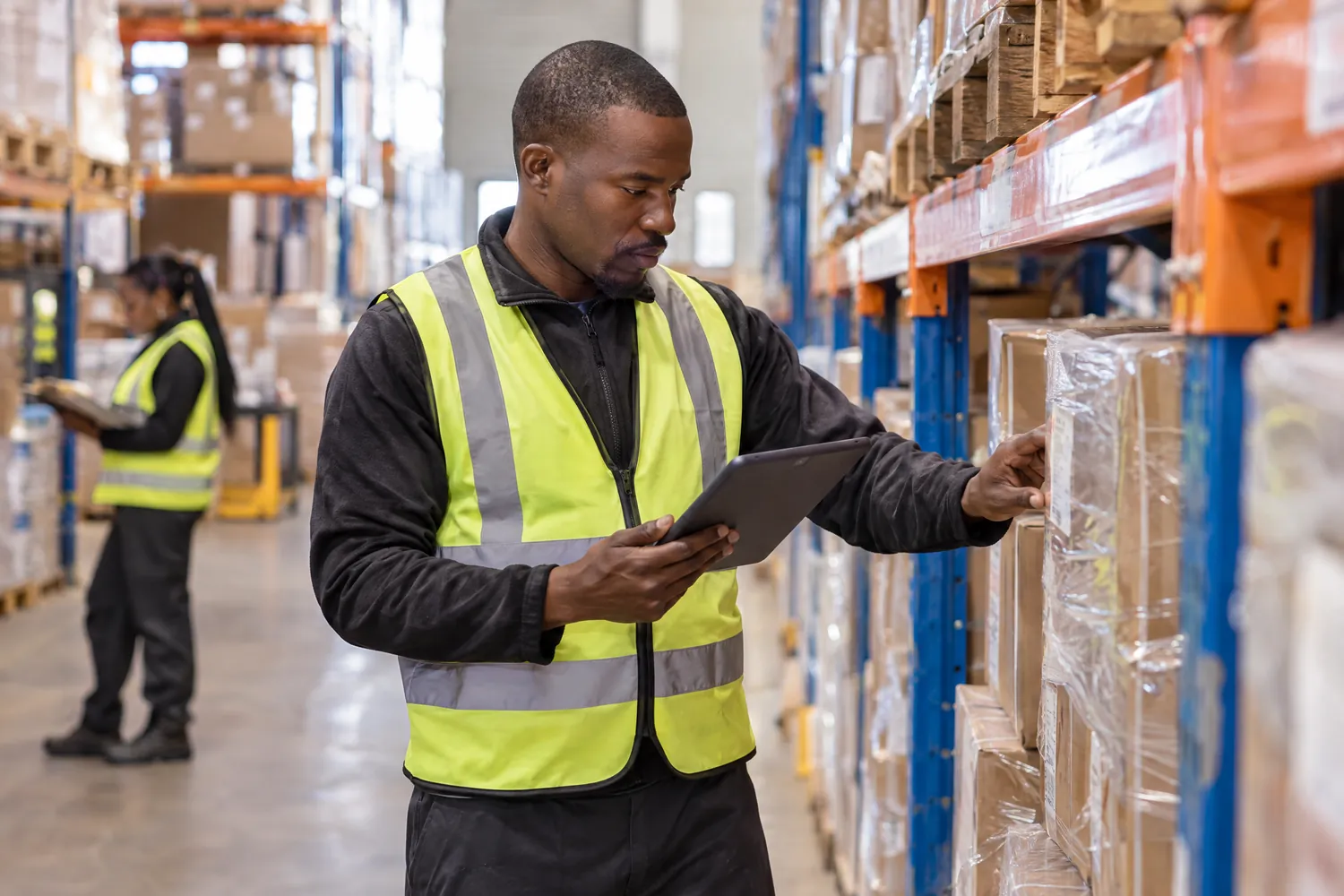A warehouse operative checks a pallet label against a tablet in a racked warehouse aisle.